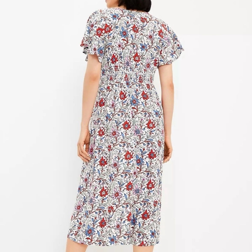 LOFT Floral Flutter Sleeve V-Neck Midi Pocket Dress - Picture 3 of 12